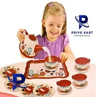 Childrens TEA Play SET Plate Cup Teapot Tray Tin Metal Dishes 15 Piece Kids Pretend Toy Tin Tea Set